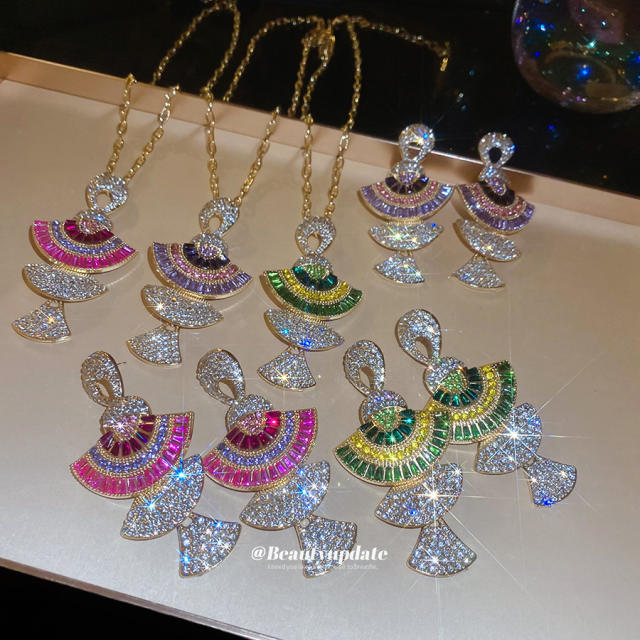 925 needle luxury diamond fan shape pendant earrings necklace suit