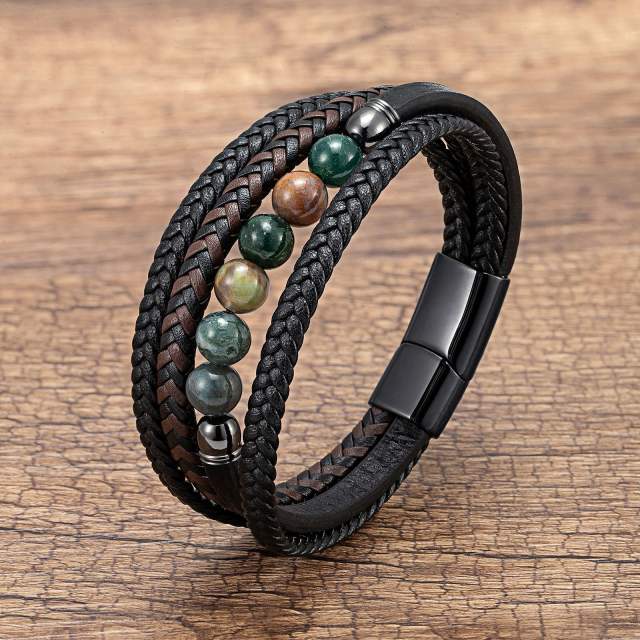 Stainless Steel Buckle Multi-layer Leather Rope Hand-woven Bracelet