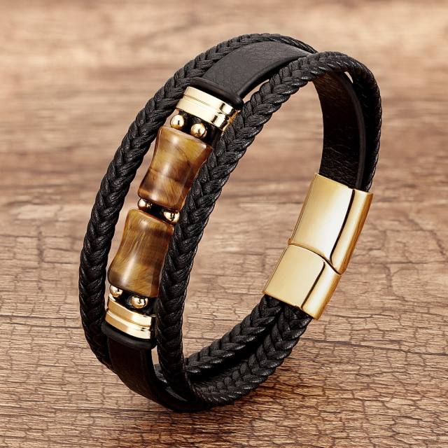 Bamboo Tiger Eye Stone bracelet multi-layer woven leather bracelet