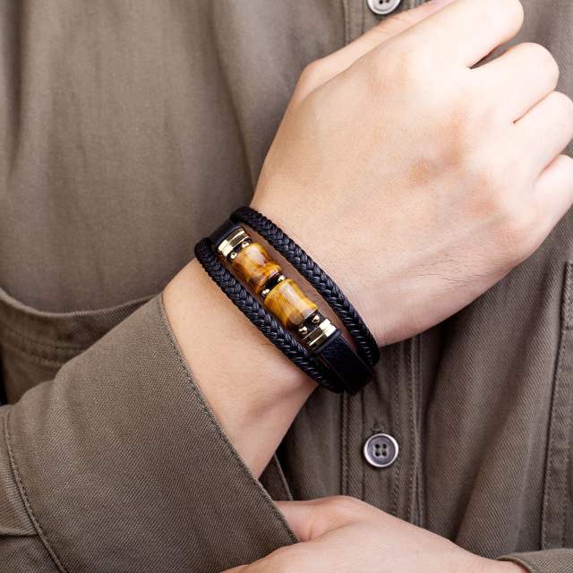 Bamboo Tiger Eye Stone bracelet multi-layer woven leather bracelet