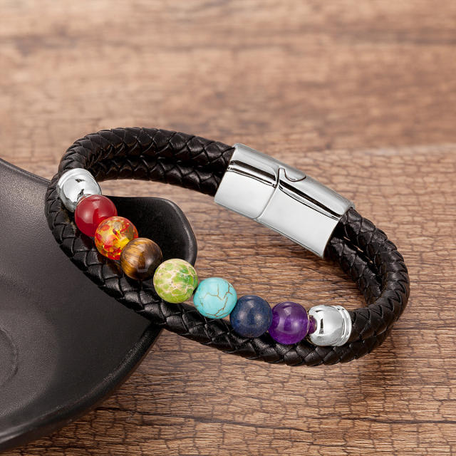 Amazon Hot Sale Colorful Beaded Stone Bracelet Men Women Stainless Steel Magnetic Buckle Leather Rope Bracelet Wholesale