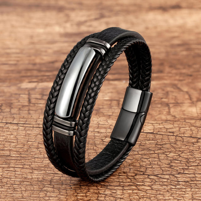 Multi-layer woven leather rope bracelet geometric stone handmade jewelry bracelet stainless steel buckle jewelry