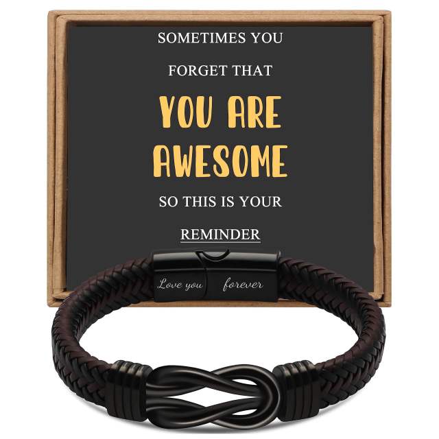 Father's day stainless steel leather bracelet lovemyson magnetic black twist stainless steel men's bracelet