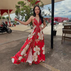 2025 Summer V-neck Women's Sling Printed Fairy Style Long Elegant Dress