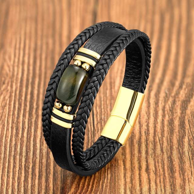 Popular men's Tiger Eye stone simple fashion bracelet stainless steel leather rope bracelet