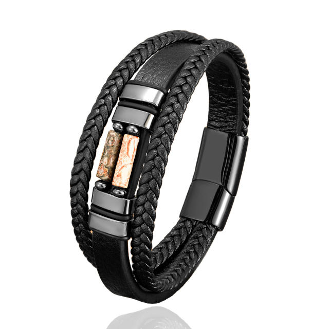 Vintage braided leather rope bracelet multi-layer stone bracelet stainless steel magnetic buckle men's fashion bracelet