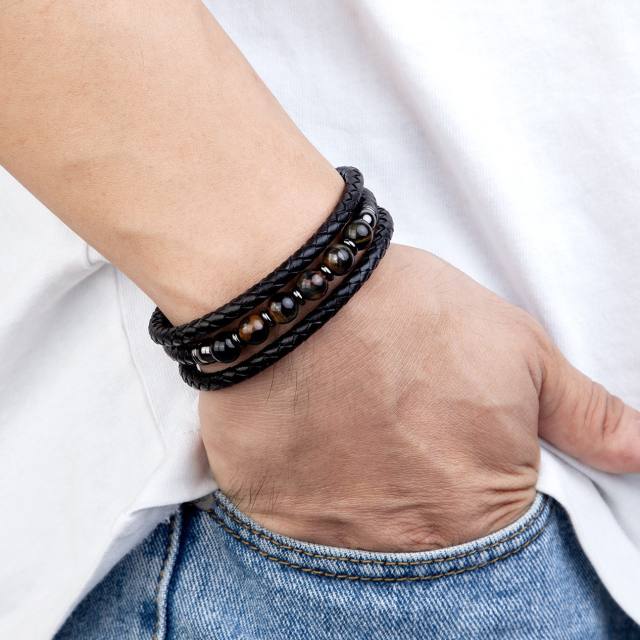 Trendy Stone Beaded Bracelet Multi-layer Leather Rope Bracelet
