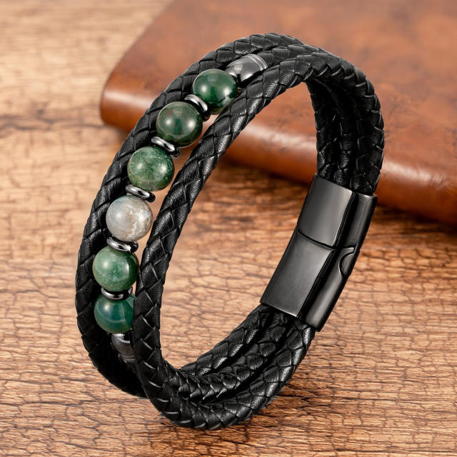 Trendy Stone Beaded Bracelet Multi-layer Leather Rope Bracelet