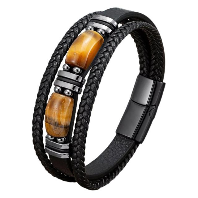 Tiger Eye Bracelet Men's multi-layer leather rope bracelet stainless steel magnet buckle hand jewelry