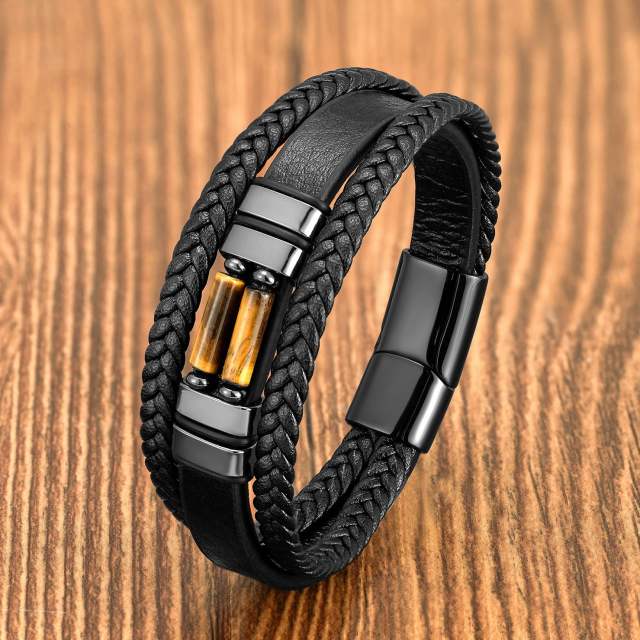 Vintage braided leather rope bracelet multi-layer stone bracelet stainless steel magnetic buckle men's fashion bracelet