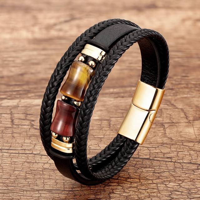 Bamboo Tiger Eye Stone bracelet multi-layer woven leather bracelet