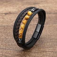 Stainless Steel Buckle Multi-layer Leather Rope Hand-woven Bracelet