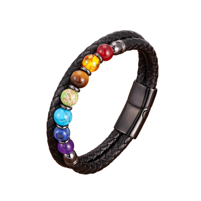 Amazon Hot Sale Colorful Beaded Stone Bracelet Men Women Stainless Steel Magnetic Buckle Leather Rope Bracelet Wholesale