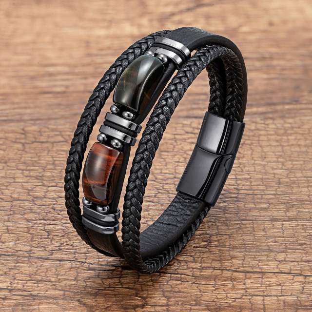 Tiger Eye Bracelet Men's multi-layer leather rope bracelet stainless steel magnet buckle hand jewelry