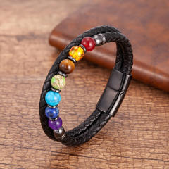 Amazon Hot Sale Colorful Beaded Stone Bracelet Men Women Stainless Steel Magnetic Buckle Leather Rope Bracelet Wholesale