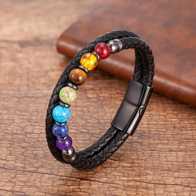 Amazon Hot Sale Colorful Beaded Stone Bracelet Men Women Stainless Steel Magnetic Buckle Leather Rope Bracelet Wholesale