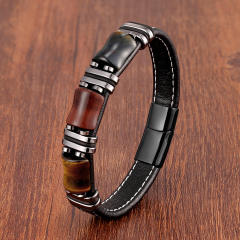 Stainless steel leather rope bracelet men's new Tiger Eye stone jewelry