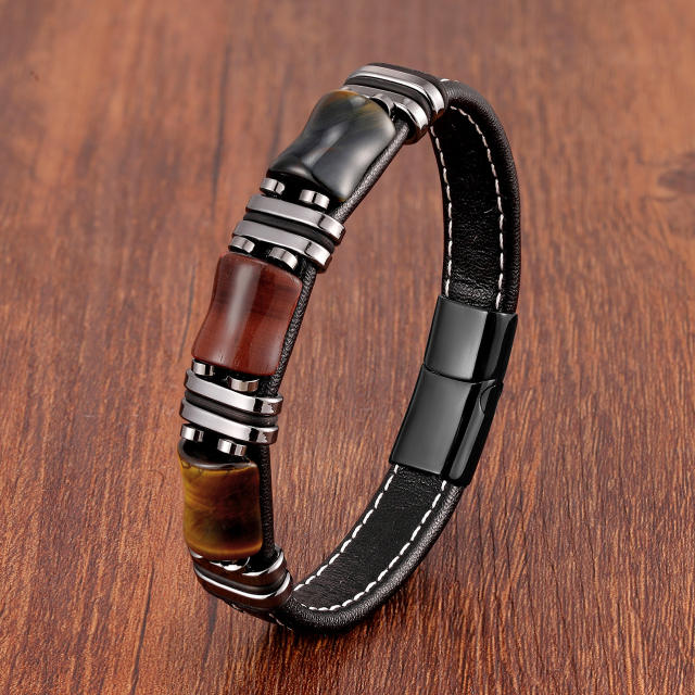 Stainless steel leather rope bracelet men's new Tiger Eye stone jewelry