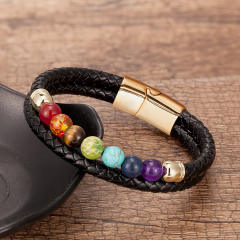 Amazon Hot Sale Colorful Beaded Stone Bracelet Men Women Stainless Steel Magnetic Buckle Leather Rope Bracelet Wholesale
