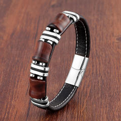 Stainless steel leather rope bracelet men's new Tiger Eye stone jewelry
