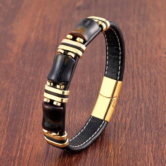 Stainless steel leather rope bracelet men's new Tiger Eye stone jewelry