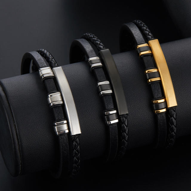 3-color stainless steel leather rope bracelet men's multi-layer simple woven leather bracelet