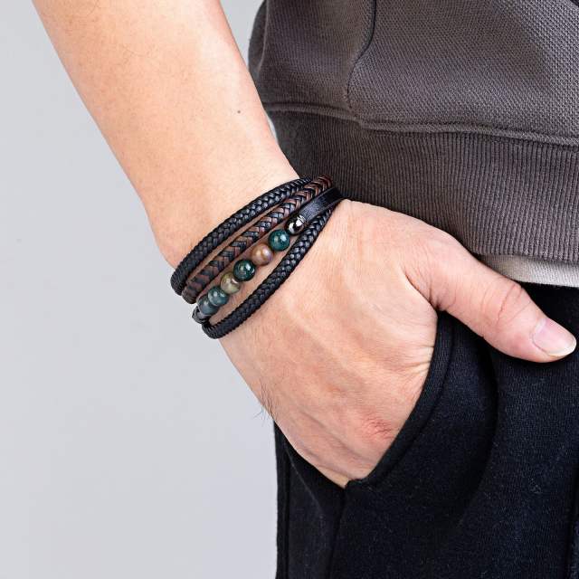 Stainless Steel Buckle Multi-layer Leather Rope Hand-woven Bracelet