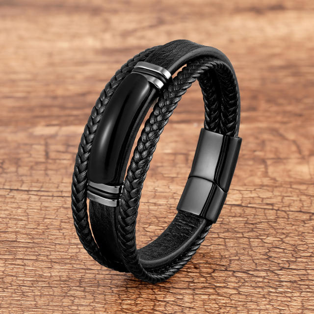 Multi-layer woven leather rope bracelet geometric stone handmade jewelry bracelet stainless steel buckle jewelry