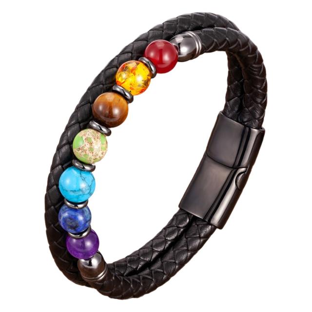 Amazon Hot Sale Colorful Beaded Stone Bracelet Men Women Stainless Steel Magnetic Buckle Leather Rope Bracelet Wholesale