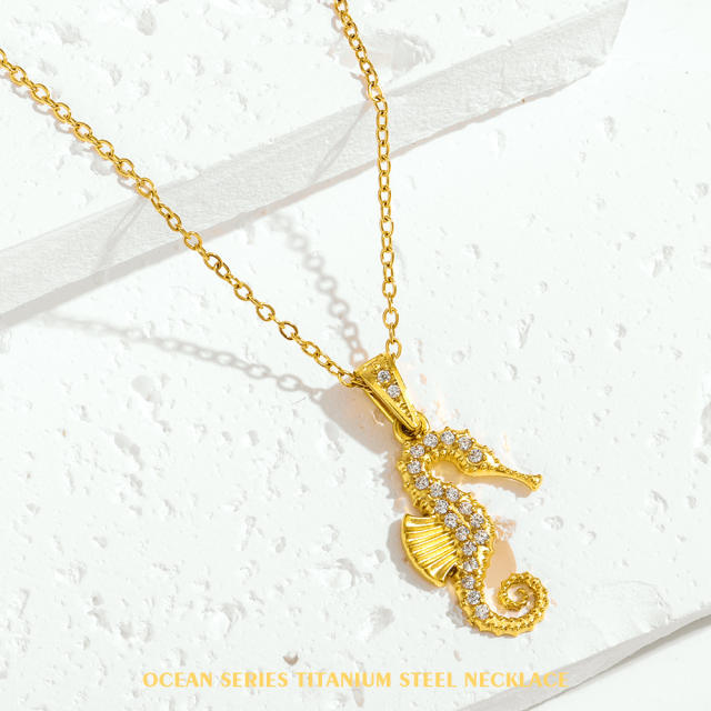 Summer holiday diamond ocean animal pendant stainless steel necklace