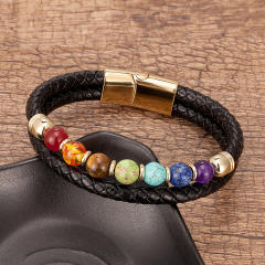 Amazon Hot Sale Colorful Beaded Stone Bracelet Men Women Stainless Steel Magnetic Buckle Leather Rope Bracelet Wholesale