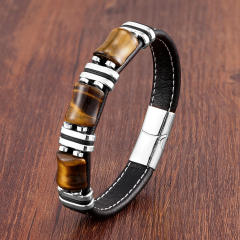 Stainless steel leather rope bracelet men's new Tiger Eye stone jewelry