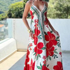 2025 Summer V-neck Women's Sling Printed Fairy Style Long Elegant Dress