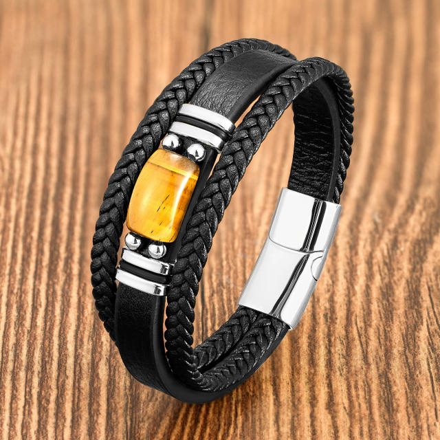 Popular men's Tiger Eye stone simple fashion bracelet stainless steel leather rope bracelet