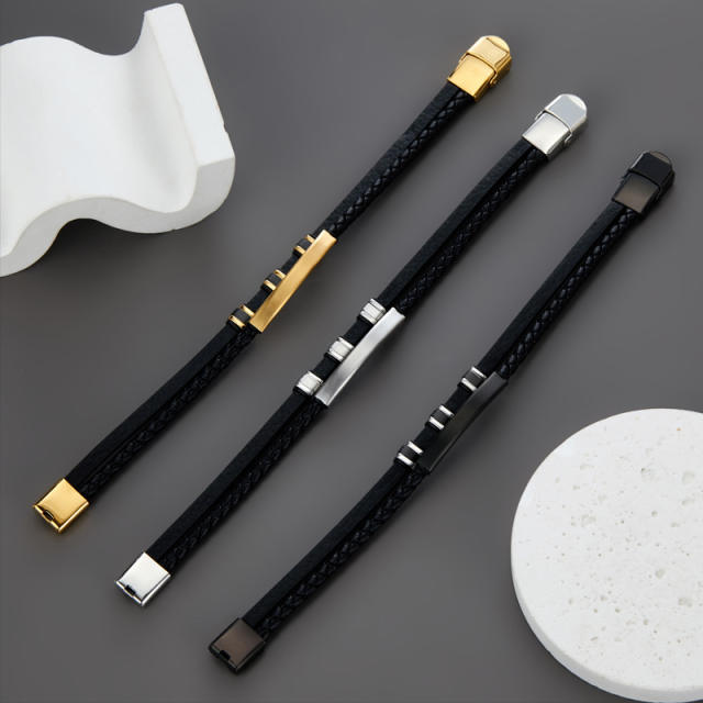 3-color stainless steel leather rope bracelet men's multi-layer simple woven leather bracelet