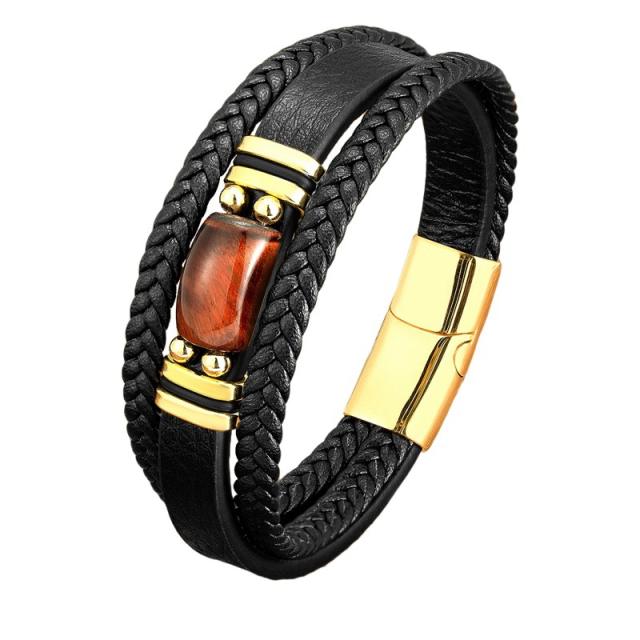 Popular men's Tiger Eye stone simple fashion bracelet stainless steel leather rope bracelet