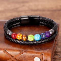Amazon Hot Sale Colorful Beaded Stone Bracelet Men Women Stainless Steel Magnetic Buckle Leather Rope Bracelet Wholesale
