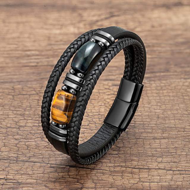 Tiger Eye Bracelet Men's multi-layer leather rope bracelet stainless steel magnet buckle hand jewelry