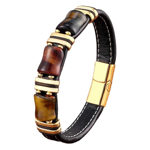 Stainless steel leather rope bracelet men's new Tiger Eye stone jewelry