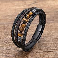 Stainless Steel Buckle Multi-layer Leather Rope Hand-woven Bracelet