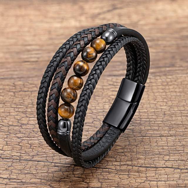 Stainless Steel Buckle Multi-layer Leather Rope Hand-woven Bracelet