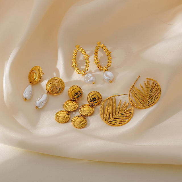 Natural leaf pearl bead unique stainless steel earrings