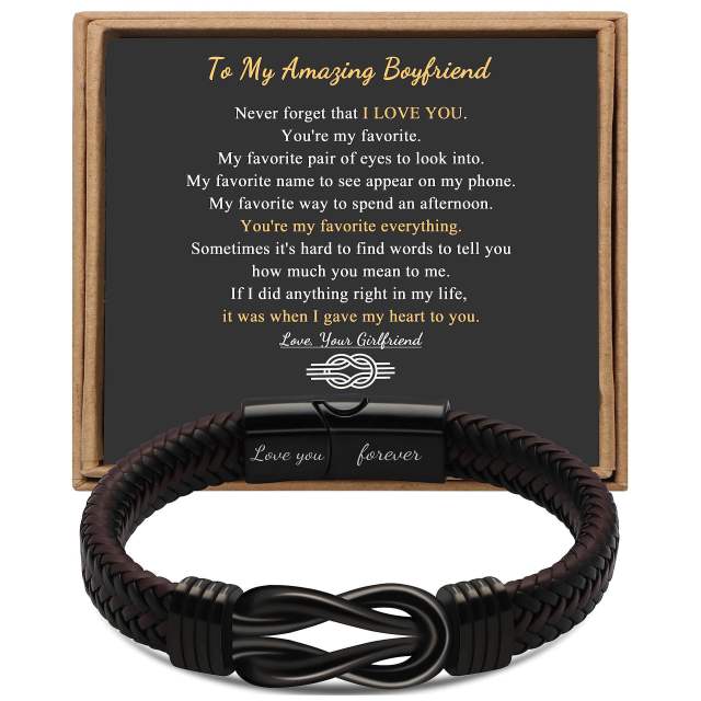 Father's day stainless steel leather bracelet lovemyson magnetic black twist stainless steel men's bracelet
