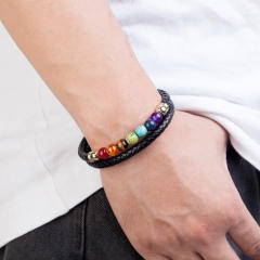 Amazon Hot Sale Colorful Beaded Stone Bracelet Men Women Stainless Steel Magnetic Buckle Leather Rope Bracelet Wholesale