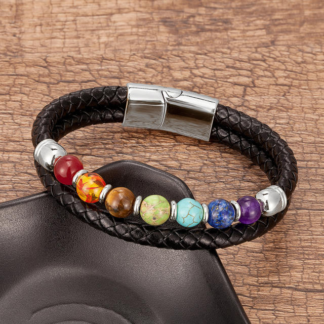 Amazon Hot Sale Colorful Beaded Stone Bracelet Men Women Stainless Steel Magnetic Buckle Leather Rope Bracelet Wholesale