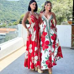 2025 Summer V-neck Women's Sling Printed Fairy Style Long Elegant Dress
