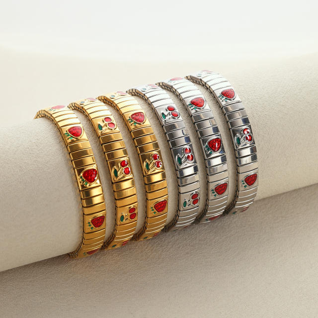 Cherry strawberry enamel stainless steel bracelet elastic bracelet