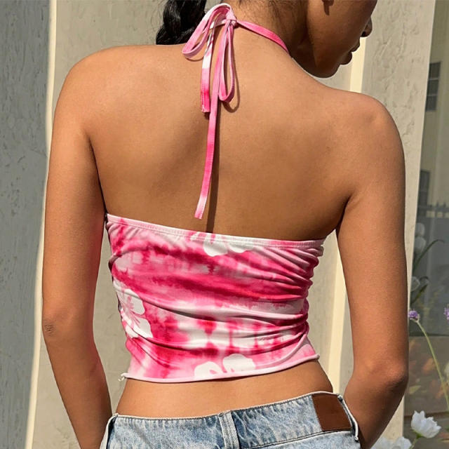 Holiday trend tie dry halter neck cropped tops