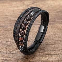 Stainless Steel Buckle Multi-layer Leather Rope Hand-woven Bracelet