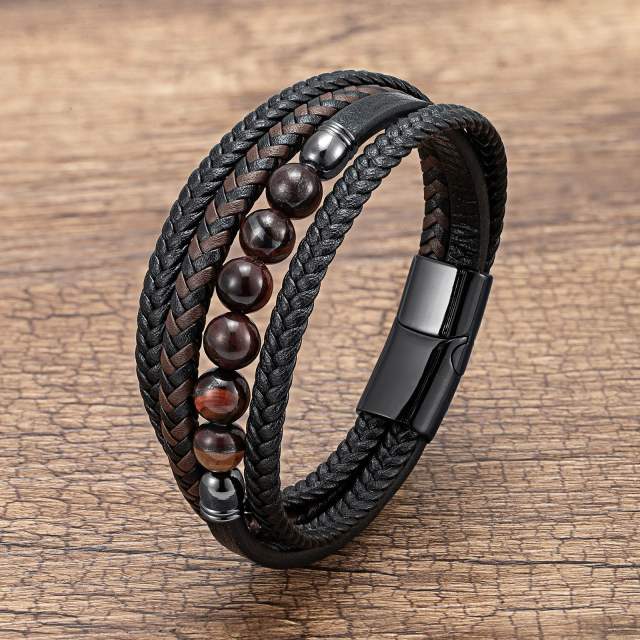 Stainless Steel Buckle Multi-layer Leather Rope Hand-woven Bracelet